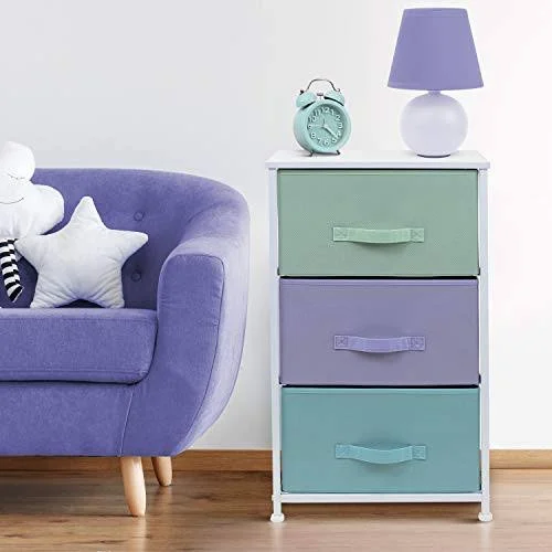 Nightstand with 3 Drawers - Bedside Furniture, Steel Frame, Wood Top, Easy Pull Fabric Bins, Pastel/white