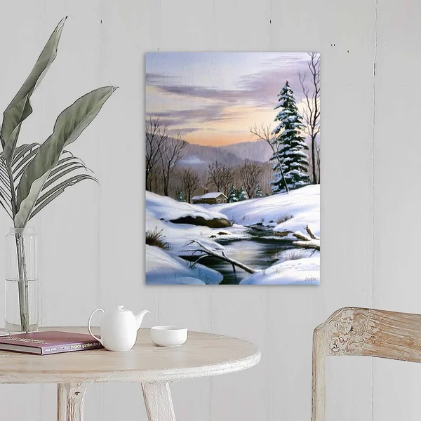 Log Cabin on Winter Stream in Early Evening - Large Solid-Faced Canvas Wall Art Print, Great Big Canvas