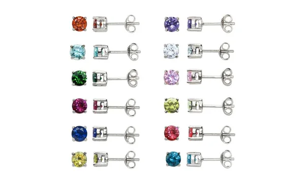 Swarovski Elements 12 Pair Multi Color Stud Earrings Set Sets Crystal Multi-Color Sterling Silver Round Brilliant Crystals SET54