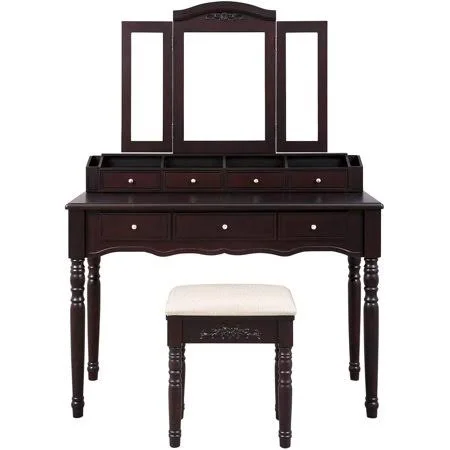 VASAGLE Vanity Makeup Set with 7 Drawers - 2 Brush Slots and 4 Open Compartments, Dressing Table with Tri-Fold Necklace Hooked Mi