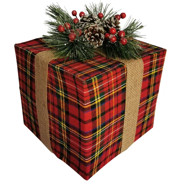 Fraser Hill Farm Tartan Christmas 5-Piece Decorating Kit: Frosted Wreath - Lightly Frosted Tree, Pre-Lit Lantern, Sleigh, and Gif