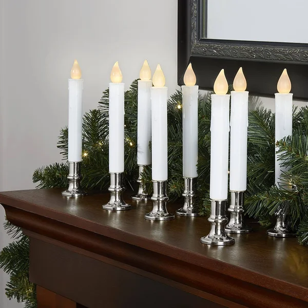 Flameless White LED Taper Candles with Silver Removable Candle Holders Remote Batteries Included Set of 8