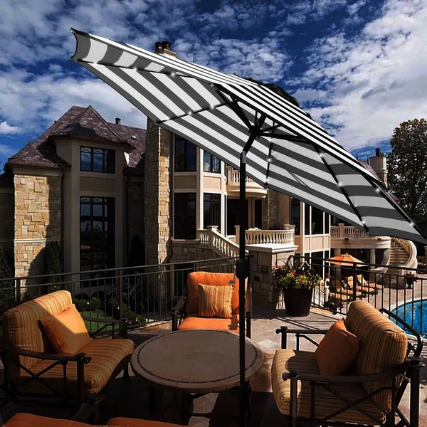 Maypex 9 ft. Steel Market Crank and Tilt Round Solar Light Patio Umbrella in Black and White
