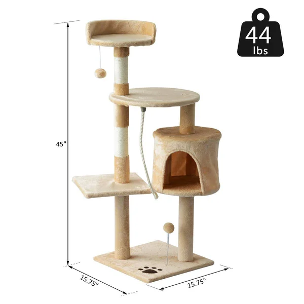 PawHut 45x22 Plush Sturdy Interactive Cat Condo Tower Scratching Post Activity Tree House - Beige, White