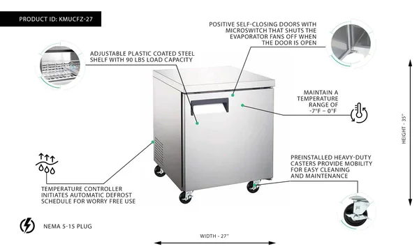 Undercounter Freezer 27x22 Double Door - 6 Cu ft Kitchen Monkey KMUCFZ-27