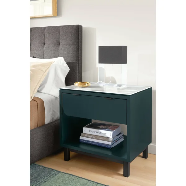 Room & Board - Modern Copenhagen One-Drawer Nightstand Made from White Wood, Aluminum Pulls w/ Stainless Steel Frame Base