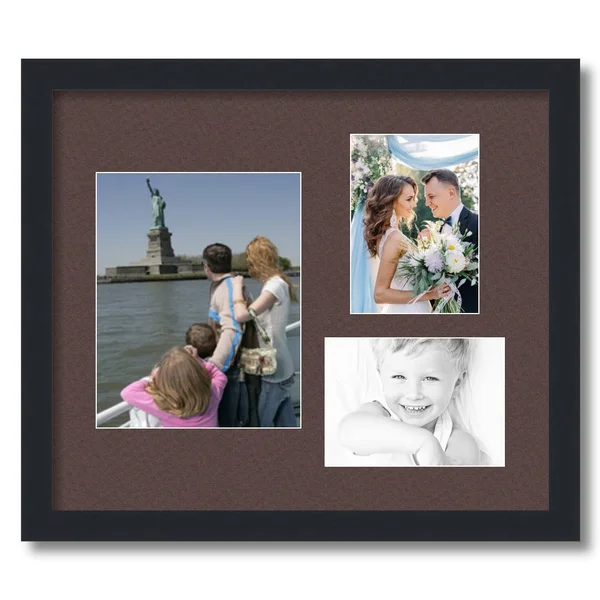 Collage Picture Frame - Satin Black Frame with 3 openings for 8x10 Photos with Brown Peat Mat. D3926DN225, ArtToFrames