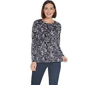 Denim & Co. Watercolor Floral Printed Longsleeve Top - Size XX-Small, Fall Grey