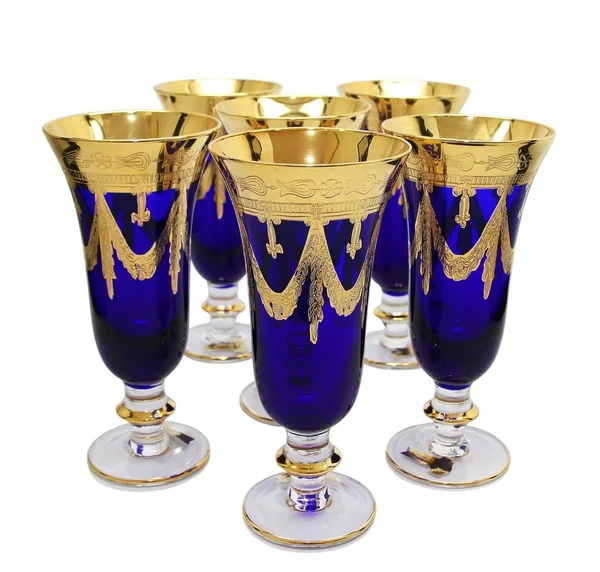 Interglass Italy Set of 6 Crystal Glasses - 24K Gold-Plated (Champagne Flutes, Blue)