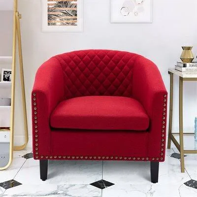 Accent Barrel Chair Living Room Chair with Nailheads and Solid Wood Legs Light Coffee Microfiber Fabric Red Barrel Studio Fabric