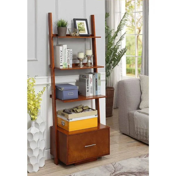 Convenience Concepts American Heritage Ladder Bookcase with File Drawer - Brown