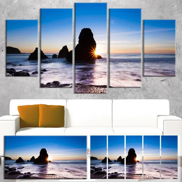 Design Art 'Sunset at Rodeo Beach Panorama' Photographic Print on Wrapped Canvas, Size: 28 inch x 60 inch, Blue