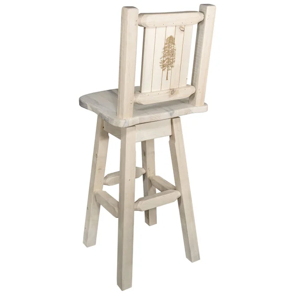 Montana Woodworks MWHCBSWSNRVLZPINE Homestead Barstool with Back & Swivel with Laser Engraved Pine Tree Design Clear Lacquer