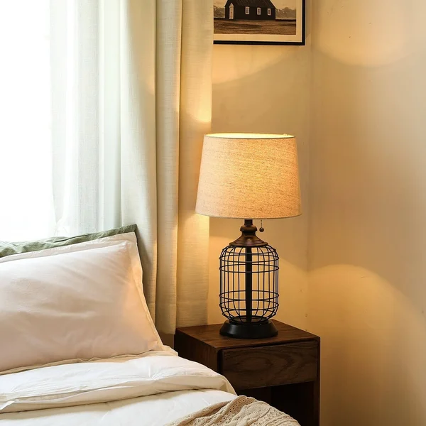 Merra 18 in. Black Cage Table Lamp with Oatmeal Linen Shade