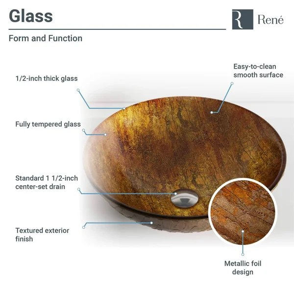 Rene R5-5030-WF-ORB Glass Vessel Bathroom Sink with Oil Rubbed Bronze Waterfall Faucet, Sink Ring, and Vessel Pop-Up Drain