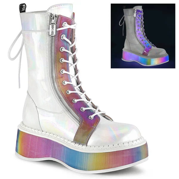 Demonia Women's Emily 350 UV Platform Mid Calf Boot - Size: 10, Black Patent/UV Neon Pink