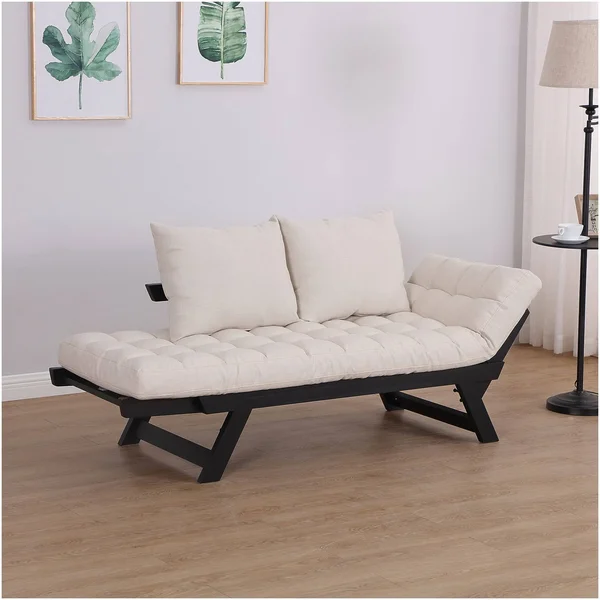 HomCom Black - Cream White Single Person 3-Position Convertible Couch Chaise Lounger Sofa Bed