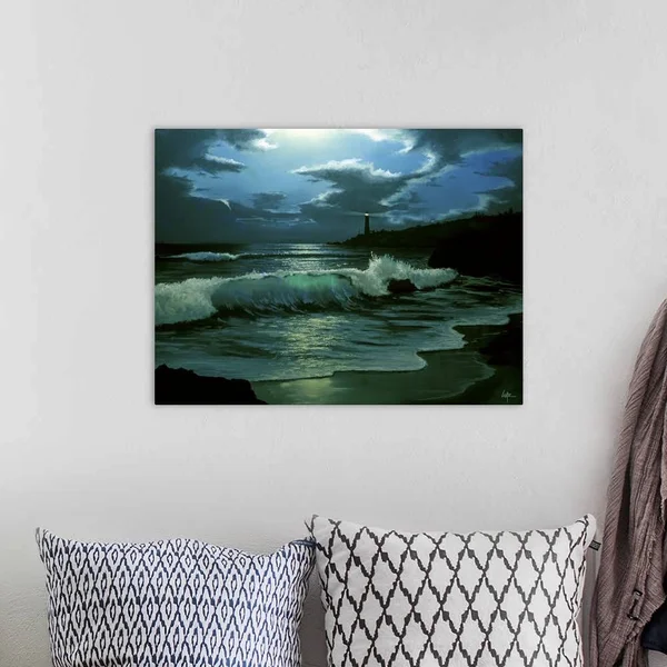Waves Coming in on Shore - with A Lighthouse in The Distance, at Night, Large Solid-Faced Canvas Wall Art Print, Great Big Canv