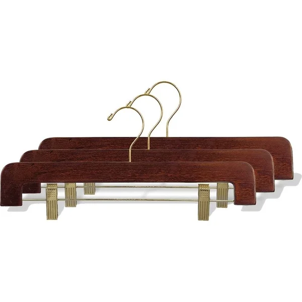 International Hanger Deluxe Wooden Bottom Hanger W/CLIPS, Walnut Finish with Brass Hardware, Box of 25