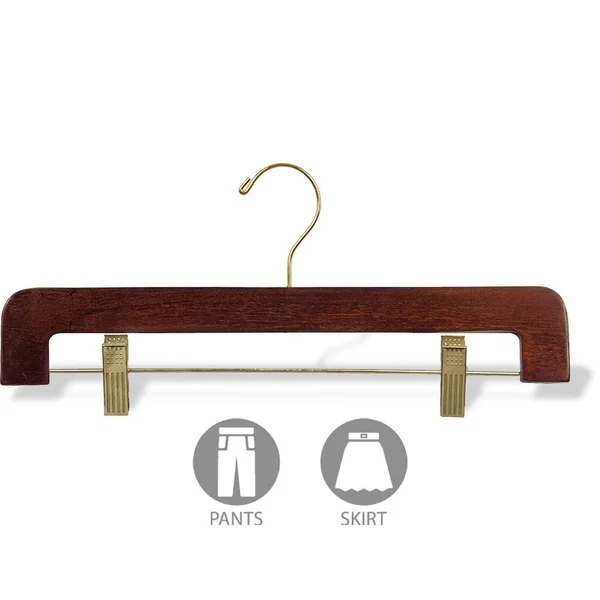 International Hanger Deluxe Wooden Bottom Hanger W/CLIPS, Walnut Finish with Brass Hardware, Box of 25