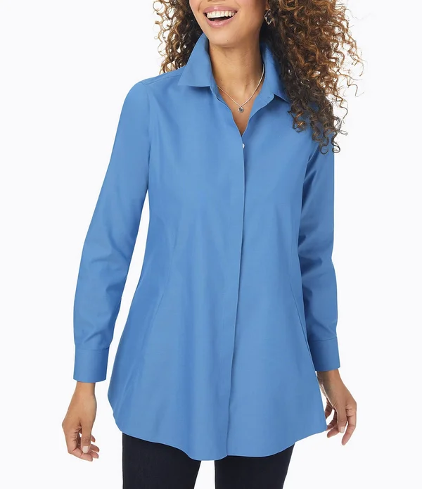 Foxcroft Cici Solid Non-Iron Pinpoint Oxford Long Sleeve Point Collar Button Front Tunic, Womens, 4, Blue Bliss