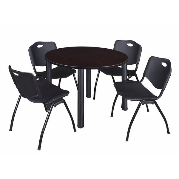 Regency TB48RNDMWBPBK47BK 48 in. Kee Round Breakroom Table - Mocha Walnut & Black & 4 M Stack Chairs - Black