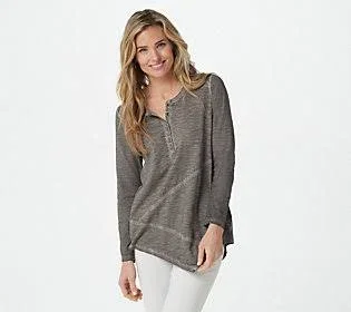 Logo by Lori Goldstein Distressed Cotton Slub Henley Top - Size Small, December Sky