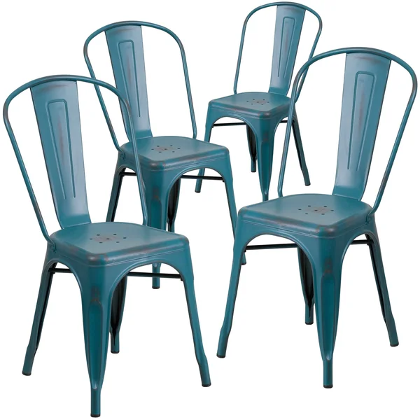 Distressed Metal Indoor-Outdoor Stackable Chair - Kitchen Furniture - Kelly Blue-Teal