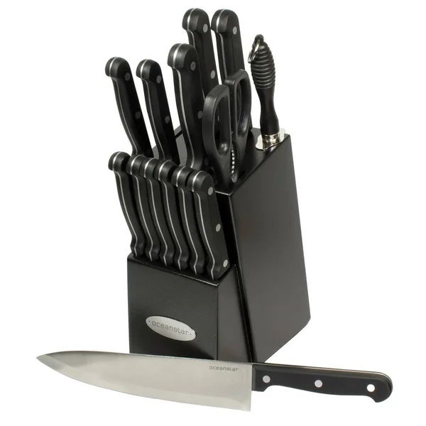 Oceanstar Contemporary 15-Piece Knife Set with Block - Elegant Black