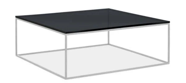 Room & Board, Modern Tyne 40W 40D 15H Square Coffee Table, Smoke Tempered Glass Top w/ Stainless Steel Frame Base
