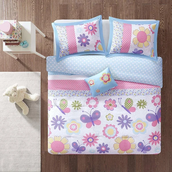 Comfort Spaces Happy Daisy 4 Piece Full/Queen Kid Comforter Set - Blue