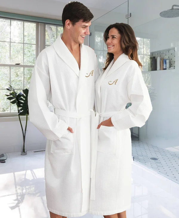 Linum Home Personalized Unisex Waffle Weave Bathrobe, Size: Large, White