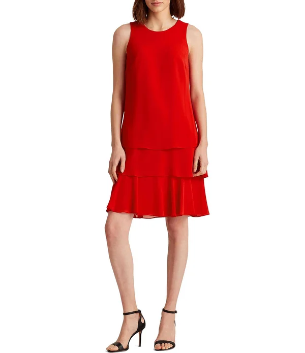 Lauren Ralph Lauren Georgette Layered Hem Sleeveless Shift Dress - Womens, 10, Red