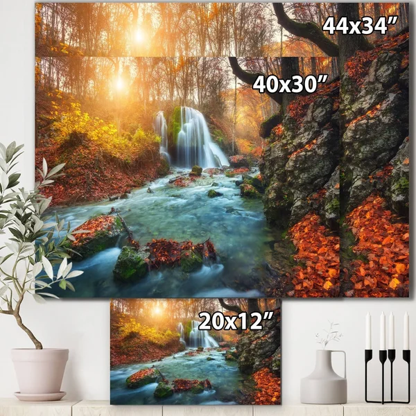 Design Art PT9799-373 Fast Flowing Fall River in Forest - Landscape Photography Canvas Print - 60x32 - 5