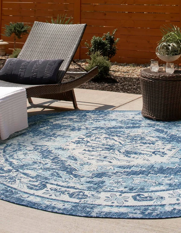 Outdoor Traditional 8 ft Round Blue Floral Area Rug Indoor Outdoor Rug