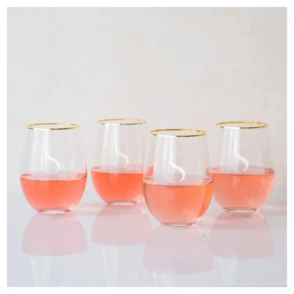 Cathy&s Concepts 19.25oz Monogram Gold Rim Stemless Wine Glasses R - Set of 4
