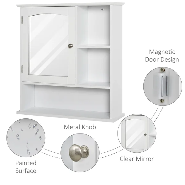 Kleankin Bathroom Cabinet Wall Mount Storage Organizer with Mirror Adjustable Shelf Wood Medicine Cabinet White