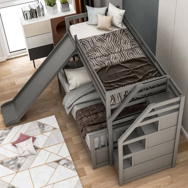 Euroco Wood Stairway Twin Over Full Bunk Bed with 3 Storage Drawers in - Black