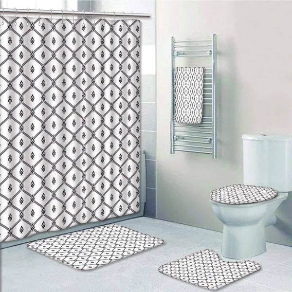 Prtau Geometric Symmetrical Marine Abstract Sea Rope Nautical Logo 5 Piece Bathroom Set Shower Curtain Bath Towel Bath Rug Conto