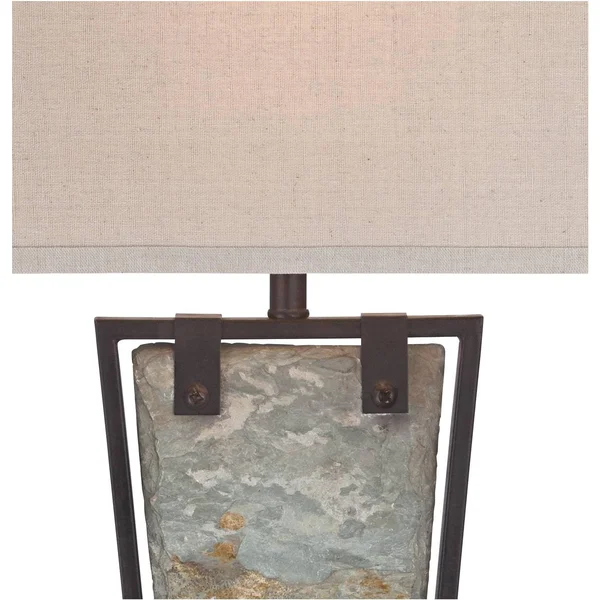 Franklin Iron Works Modern Table Lamp Tapered Natural Slate Bronze Metal Rectangular Shade for Living Room Family Bedroom Bedsid