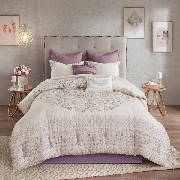 Madison Park - Elise 8 Piece Cotton Printed Reversible Comforter Set - Purple - Queen