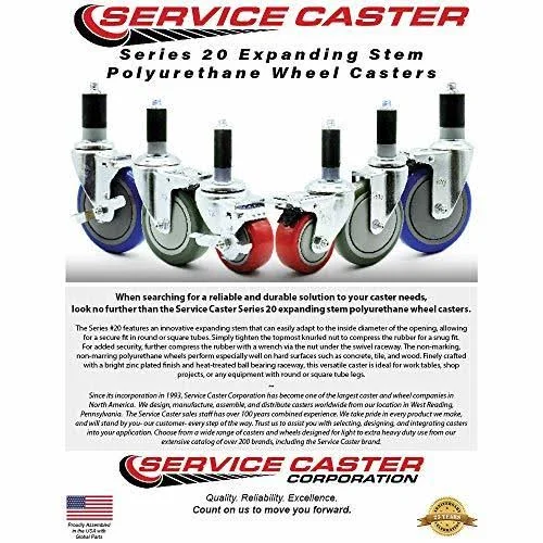 Service Caster - 3 x 1.25 inch Red Polyurethane Wheels Caster Set of 4 - 2 Swivel Casters w/Brake W/1-1/2 inch Expanding Stem/2