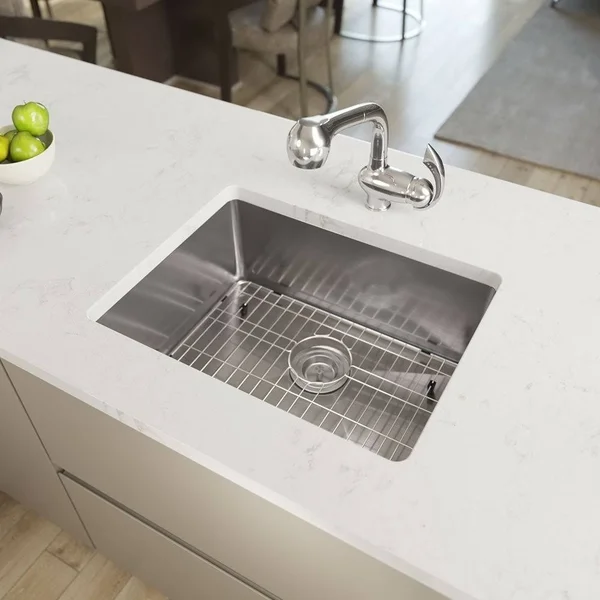 Rene R1-1015-18 23 inch Stainless Steel Single Bowl 3/4 inch Radius 18 Gauge Kitchen Sink with Cutting Board, Grid and Basket ST