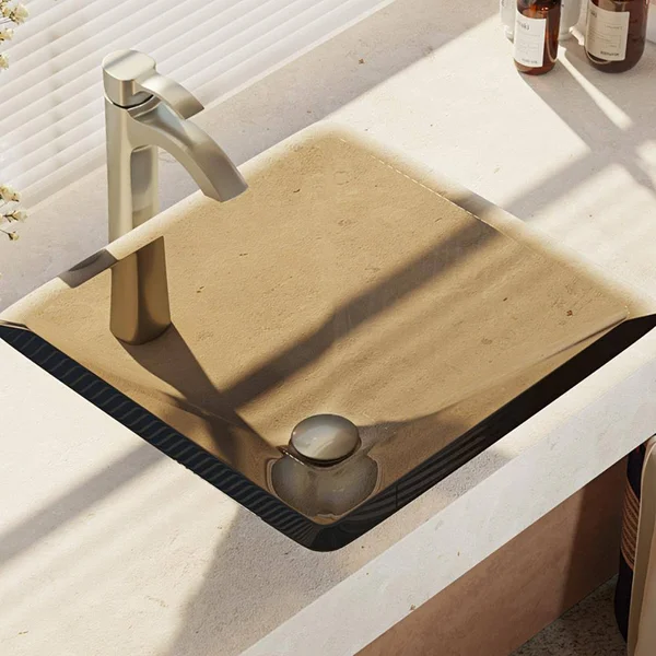 Rene R5-5003-CAS-R9-7006 16-1/2x22 Glass Vessel Bathroom Sink with Vessel Faucet Cashmere, Brushed