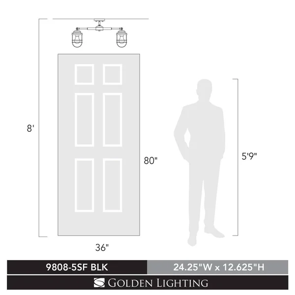 Golden Lighting 9808-5SF Blk Seaport - 5 Light Semi-Flush Mount Black