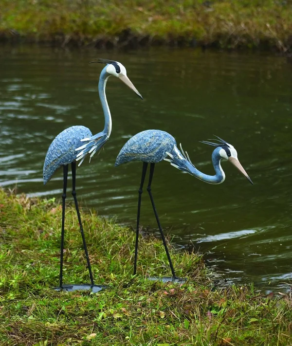 Ancient Graffiti Heron Steel Statue Pair Garden Art