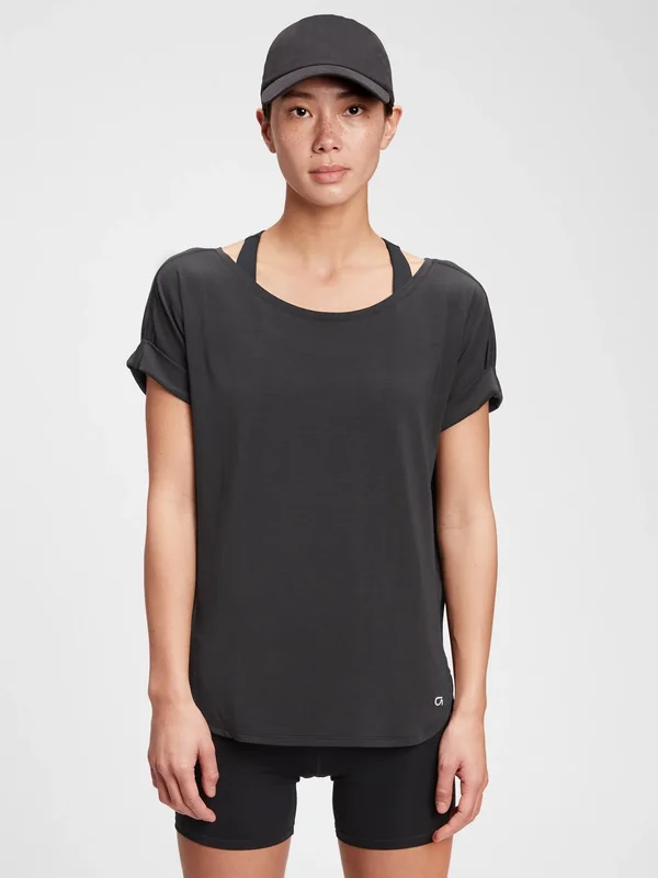 Gap Women's Gapfit Breathe Roll Sleeve T-Shirt True Black Petite Size Xs