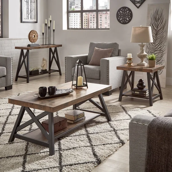 Bryson Rustic X-Base Accent Tables by Inspire Q Classic Brown Cocktail Table - End Table, and Sofa Table Wood Finish 782359615240