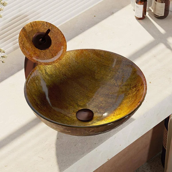 Rene R5-5030-WF-ORB Glass Vessel Bathroom Sink with Oil Rubbed Bronze Waterfall Faucet, Sink Ring, and Vessel Pop-Up Drain