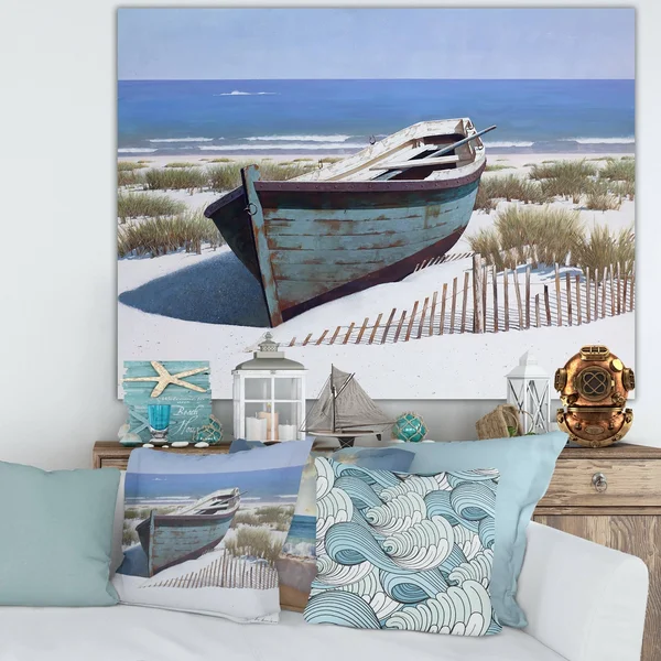 Designart 46x22 x 36x22 Boat on Beach Fabric Canvas Wall Art in Blue